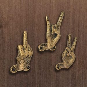 3 Gold Cast Iron Hand Gesture Decorative Wall Hooks, 4 Inches High - Peace Sign, Rock On, and Finger Gestures. Unique Stylish Key or Towel Hangers for