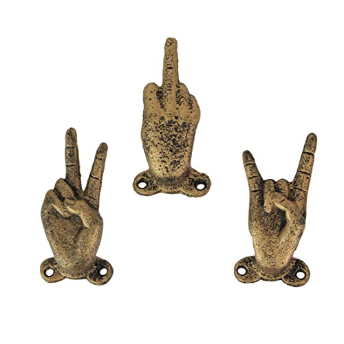 3 Gold Cast Iron Hand Gesture Decorative Wall Hooks, 4 Inches High - Peace Sign, Rock On, and Finger Gestures. Unique Stylish Key or Towel Hangers for