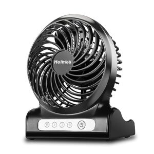 holmes 4" personal fan, rechargeable battery, 3 speed settings, lightweight, compact and portable, adjutstable head, home and office, usb cable, black finish