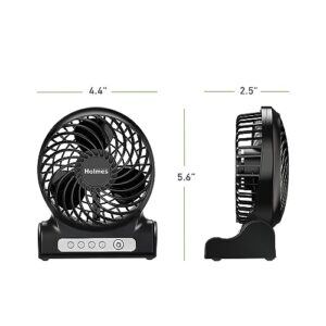 HOLMES 4" Personal Fan, Rechargeable Battery, 3 Speed Settings, Lightweight, Compact and Portable, Adjutstable Head, Home and Office, USB Cable, Black Finish