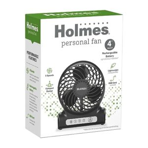 HOLMES 4" Personal Fan, Rechargeable Battery, 3 Speed Settings, Lightweight, Compact and Portable, Adjutstable Head, Home and Office, USB Cable, Black Finish