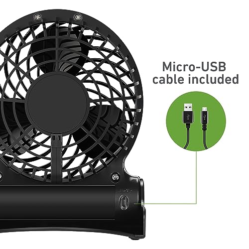 HOLMES 4" Personal Fan, Rechargeable Battery, 3 Speed Settings, Lightweight, Compact and Portable, Adjutstable Head, Home and Office, USB Cable, Black Finish