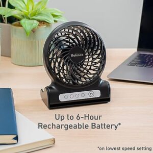 HOLMES 4" Personal Fan, Rechargeable Battery, 3 Speed Settings, Lightweight, Compact and Portable, Adjutstable Head, Home and Office, USB Cable, Black Finish