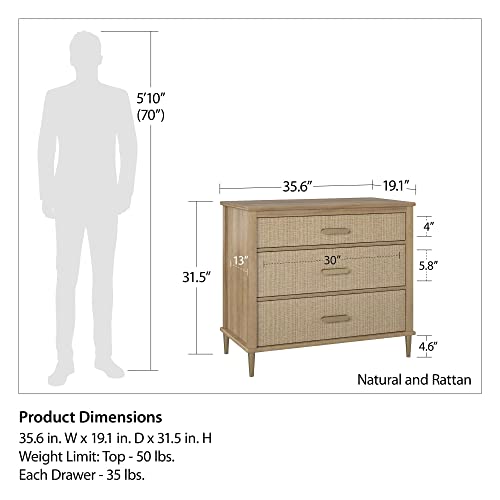 Little Seeds Shiloh Convertible 3 Drawer Dresser, Natural and Faux Rattan