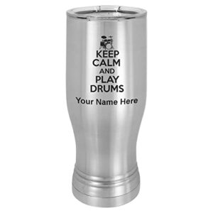 lasergram 14oz vacuum insulated pilsner mug, keep calm and play drums, personalized engraving included (stainless steel)