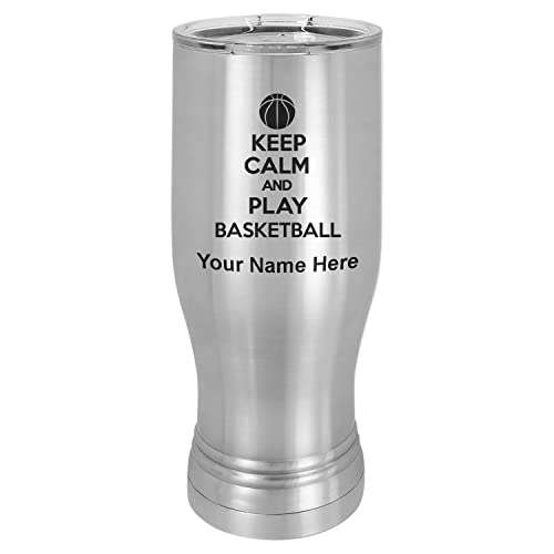 LaserGram 14oz Vacuum Insulated Pilsner Mug, Keep Calm and Play Basketball, Personalized Engraving Included (Stainless Steel)