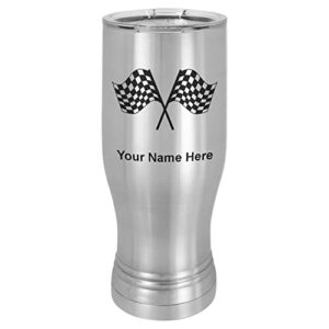 lasergram 14oz vacuum insulated pilsner mug, racing flags, personalized engraving included (stainless steel)