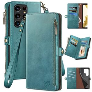 xcasebar for samsung galaxy s22 ultra wallet case with zipper 【rfid blocking】 credit card holder, flip folio book pu leather phone case shockproof cover women men for samsung s22ultra case blue green