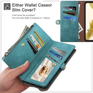 XcaseBar for Samsung Galaxy S22 Ultra Wallet case with Zipper 【RFID Blocking】 Credit Card Holder, Flip Folio Book PU Leather Phone case Shockproof Cover Women Men for Samsung S22Ultra case Blue Green