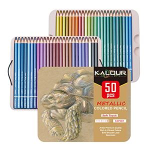 kalour 50 piece metallic colored pencils, soft core with vibrant color,ideal for drawing, blending, sketching, shading, coloring for adults kids beginners