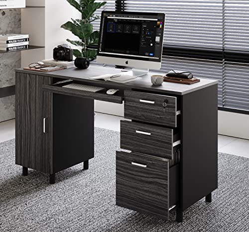 Modern Design By Crafts & comfort Venice Computer Desk - Office Desk with 3 Drawers & CPU Storage Cabinet - Laptop Workstation with Keyboard Tray & Cable Hole - Home & Office Supplies -Slate/Black