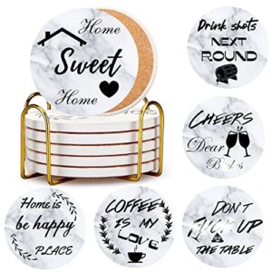 ceramic drink coasters with holder,ycoolle set of 6 funny absorbent ceramic cup coasters inspirational housewarming gifts for coffee table, home decor (white marble)