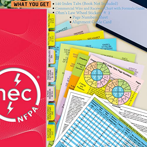 2023 NEC Code Book Tabs (Book not Included), 124 Printed NEC Tabs with 16 Blank Tabs, Color-Coded and Laminated, with Wire Chart & 2 Ohm's Law Stickers