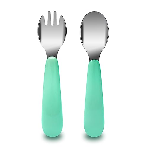 Jenbode Baby Fork and Spoon Set with Carry Case Baby Training Utensils Self Feeding Toddler Silverware Silicone and Stainless Steel Kids and Toddler Utensil Set