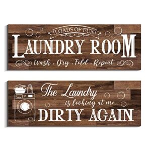 creoate laundry room decor, 2 pieces laundry sign wall decor funny laundry room rules decor rustic family white wood sign hanging plaque for laundry bathroom wall decor (brown)