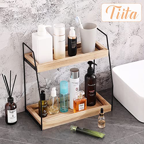 Tiita 2 Tier Bathroom Counter Organizer, Wood Bathroom Countertop Organizer, Kitchen Spice Rack Storage Shelf, Standing Vanity Tray for Countertop, Coffee Station Organizer