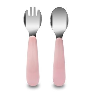 jenbode baby fork and spoon set with carry case baby training utensils self feeding toddler silverware silicone and stainless steel kids and toddler utensil set (pink)