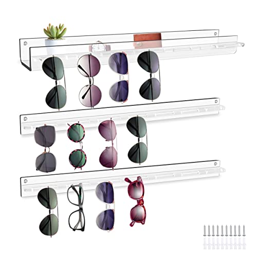 HONZUEN Acrylic Sunglasses Organizer 3 Pack, Clear Sunglasses Storage Holder Wall Mounted, Eyeglasses Holder Hanging Display Rack with Shelf, Eyewear Necklace Hanging for Entryway Living Room Bedroom