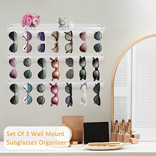 HONZUEN Acrylic Sunglasses Organizer 3 Pack, Clear Sunglasses Storage Holder Wall Mounted, Eyeglasses Holder Hanging Display Rack with Shelf, Eyewear Necklace Hanging for Entryway Living Room Bedroom