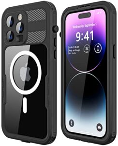 protebox for iphone 14 pro max waterproof case, built-in 9h tempered glass screen [12 ft military drop-proof] [full body shockproof dustproof] protective phone case 6.7" (black/clear)