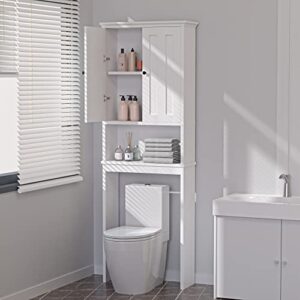 hcman 67.32" h over the toilet storage cabinet, double door bathroom cabinet organizer shelf over toilet, toilet rack with inner adjustable shelf and open shelf, white
