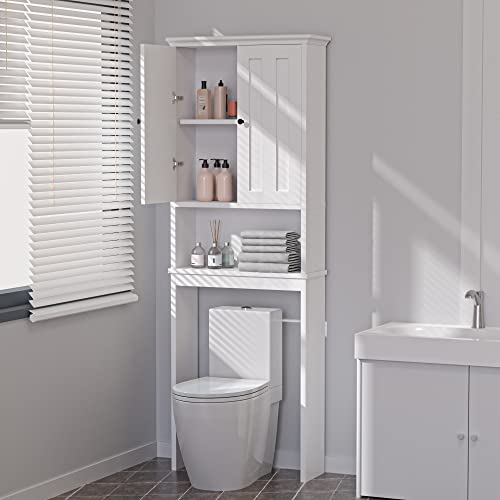 Hcman 67.32" H Over The Toilet Storage Cabinet, Double Door Bathroom Cabinet Organizer Shelf Over Toilet, Toilet Rack with Inner Adjustable Shelf and Open Shelf, White