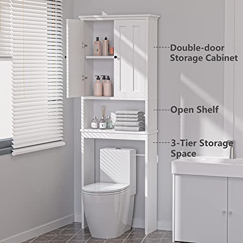 Hcman 67.32" H Over The Toilet Storage Cabinet, Double Door Bathroom Cabinet Organizer Shelf Over Toilet, Toilet Rack with Inner Adjustable Shelf and Open Shelf, White