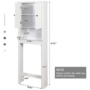 Hcman 67.32" H Over The Toilet Storage Cabinet, Double Door Bathroom Cabinet Organizer Shelf Over Toilet, Toilet Rack with Inner Adjustable Shelf and Open Shelf, White