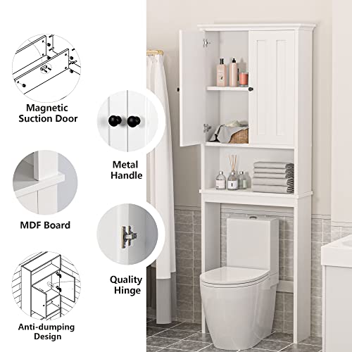 Hcman 67.32" H Over The Toilet Storage Cabinet, Double Door Bathroom Cabinet Organizer Shelf Over Toilet, Toilet Rack with Inner Adjustable Shelf and Open Shelf, White