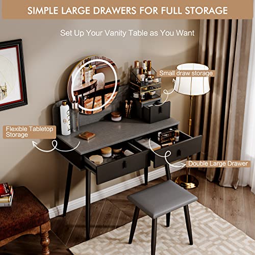 DOLILO 35" Makeup Vanity Desk with Mirror and Lights and Table Set with Vanity Stool 3 Sliding Drawers 3 Modes Brightness Adjustable, (Iron Grey)