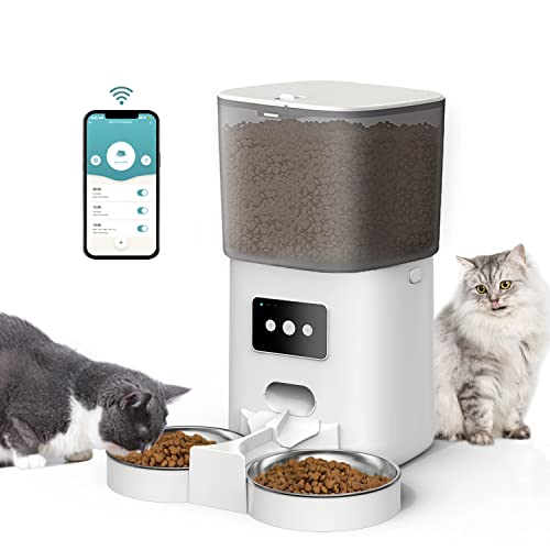 ASIRZAN Automatic Cat Feeders 2 Cat 6L, 2.4G WiFi Smart Pet Feeder with APP Control for Cats and Dogs Dry Food Dispenser with 2 Stainless Steel Bowl, Desiccant Bag, 10s Voice Recorder