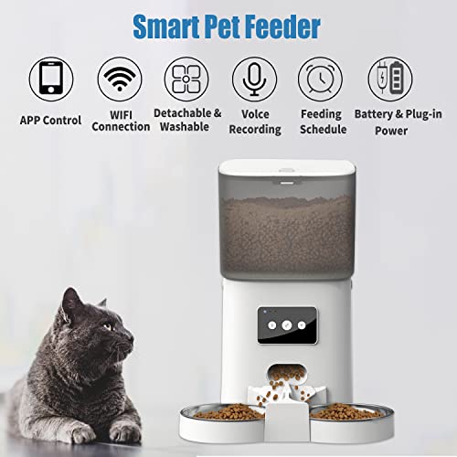 ASIRZAN Automatic Cat Feeders 2 Cat 6L, 2.4G WiFi Smart Pet Feeder with APP Control for Cats and Dogs Dry Food Dispenser with 2 Stainless Steel Bowl, Desiccant Bag, 10s Voice Recorder