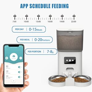 ASIRZAN Automatic Cat Feeders 2 Cat 6L, 2.4G WiFi Smart Pet Feeder with APP Control for Cats and Dogs Dry Food Dispenser with 2 Stainless Steel Bowl, Desiccant Bag, 10s Voice Recorder