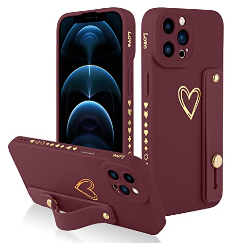 Fiyart Designed for iPhone 12 Pro Max Case with Phone Stand Holder Cute Love Hearts Protective Camera Protection Cover with Wrist Strap for Women Girls for iPhone 12 Pro Max 6.7"-Wine Red