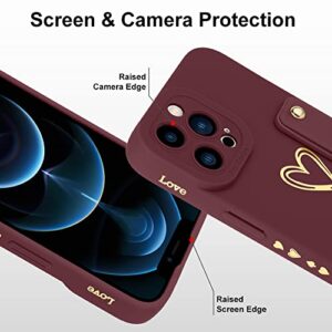 Fiyart Designed for iPhone 12 Pro Max Case with Phone Stand Holder Cute Love Hearts Protective Camera Protection Cover with Wrist Strap for Women Girls for iPhone 12 Pro Max 6.7"-Wine Red