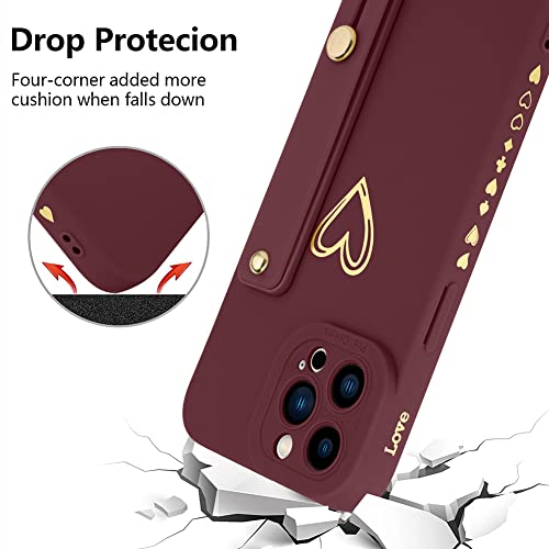 Fiyart Designed for iPhone 12 Pro Max Case with Phone Stand Holder Cute Love Hearts Protective Camera Protection Cover with Wrist Strap for Women Girls for iPhone 12 Pro Max 6.7"-Wine Red