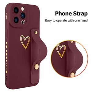 Fiyart Designed for iPhone 12 Pro Max Case with Phone Stand Holder Cute Love Hearts Protective Camera Protection Cover with Wrist Strap for Women Girls for iPhone 12 Pro Max 6.7"-Wine Red