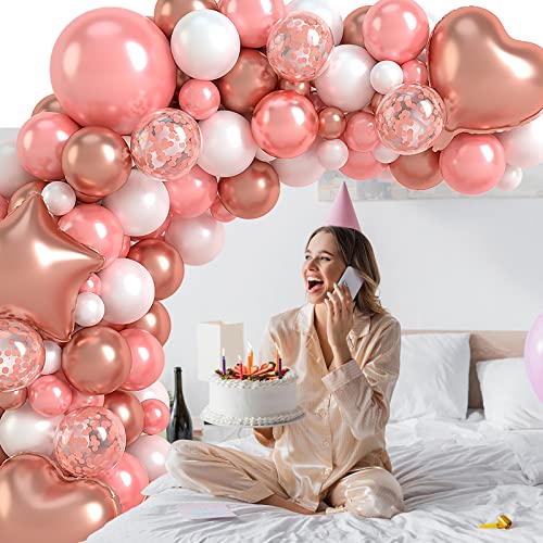 Rose Gold Balloon Arch Kit, JOGMAS 5/12/18 Inch Rose Gold Balloon Garland Kit with White Rose Gold Confetti Balloons for Woman Princess Girl Birthday Engagement Wedding Theme Party Decorations