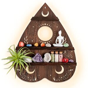 planchette crystal wall shelf display for stone, ouija vintage pagan crystal holder art decor with light, wooden dark wiccan gem storage for bohemian home, boho aesthetic organizer for wicca altar