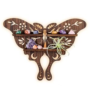 luna moth crystal shelf display, boho pine wood wall floating shelves with light for gem stone essential oil storage, bohemian wooden butterfly hanging witch home rustic decor holder for bedroom altar