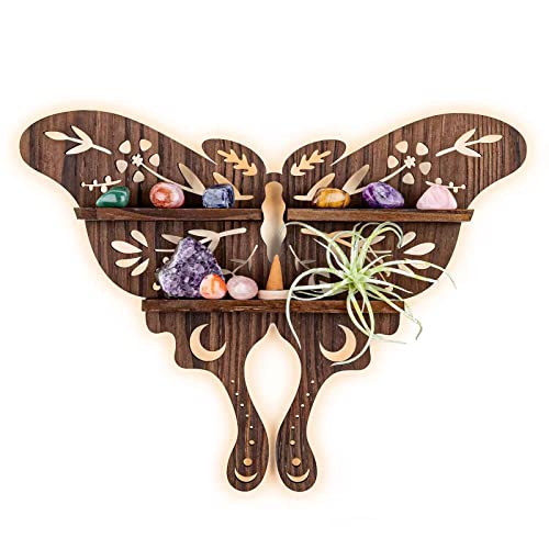 Luna Moth Crystal Shelf Display, Boho Pine Wood Wall Floating Shelves with Light for Gem Stone Essential Oil Storage, Bohemian Wooden Butterfly Hanging Witch Home Rustic Decor Holder for Bedroom Altar