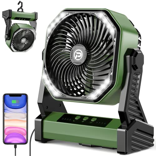 Battery Operated Camping Fan, 20000mAh Rechargeable Portable Fan, 4 Speed Outdoor Fan with LED Light and Hook for Tent Car Travel Jobsite Fishing Outdoor Hurricane Power Outage