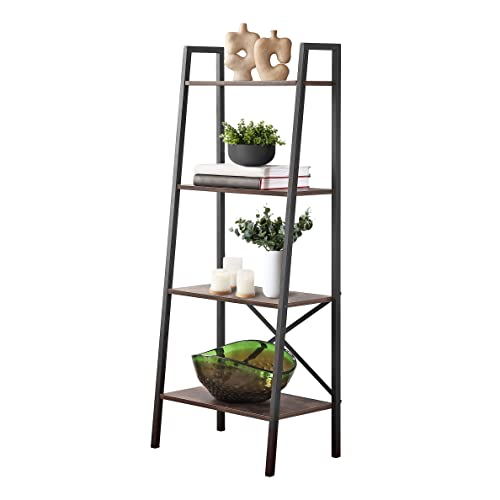 ELEHINSER Ladder Bookshelf, 4-Tier Industrial Ladder Shelf Free Standing Bookcase, Organizer Shelves for Plant Flower, Storage Rack Shelves for Living Room, Bedroom, Kitchen, Bathroom, Rustic Brown