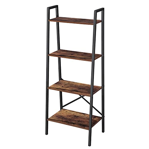 ELEHINSER Ladder Bookshelf, 4-Tier Industrial Ladder Shelf Free Standing Bookcase, Organizer Shelves for Plant Flower, Storage Rack Shelves for Living Room, Bedroom, Kitchen, Bathroom, Rustic Brown