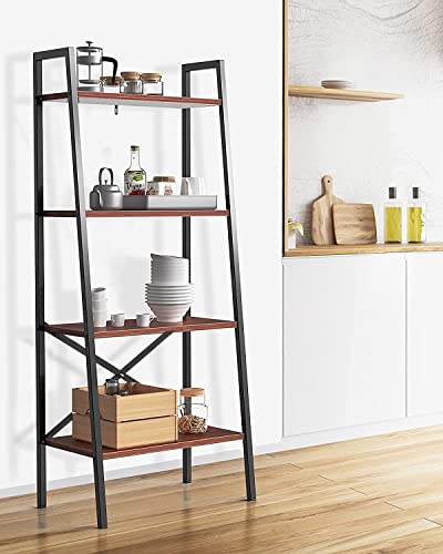 ELEHINSER Ladder Bookshelf, 4-Tier Industrial Ladder Shelf Free Standing Bookcase, Organizer Shelves for Plant Flower, Storage Rack Shelves for Living Room, Bedroom, Kitchen, Bathroom, Rustic Brown