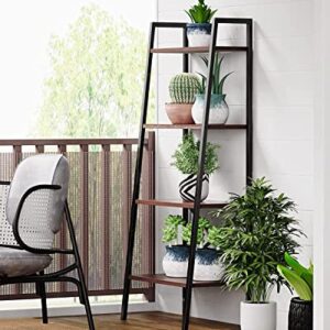 ELEHINSER Ladder Bookshelf, 4-Tier Industrial Ladder Shelf Free Standing Bookcase, Organizer Shelves for Plant Flower, Storage Rack Shelves for Living Room, Bedroom, Kitchen, Bathroom, Rustic Brown