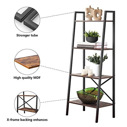 ELEHINSER Ladder Bookshelf, 4-Tier Industrial Ladder Shelf Free Standing Bookcase, Organizer Shelves for Plant Flower, Storage Rack Shelves for Living Room, Bedroom, Kitchen, Bathroom, Rustic Brown