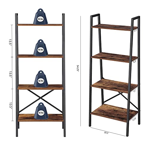 ELEHINSER Ladder Bookshelf, 4-Tier Industrial Ladder Shelf Free Standing Bookcase, Organizer Shelves for Plant Flower, Storage Rack Shelves for Living Room, Bedroom, Kitchen, Bathroom, Rustic Brown