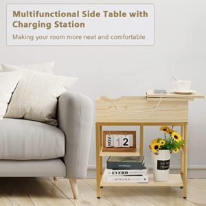 Hadulcet Side Table with Charging Station, Flip Top End Table with Storage Shelf for Living Room Bedroom Small Space Gold & Beige