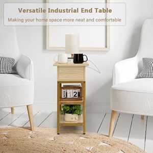 Hadulcet Side Table with Charging Station, Flip Top End Table with Storage Shelf for Living Room Bedroom Small Space Gold & Beige